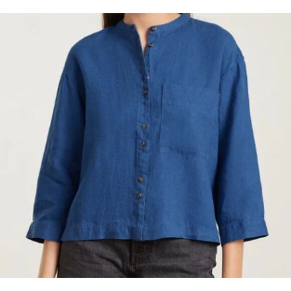 Everlane 100% Linen Blue Button Front Blouse sz L - Picture 1 of 5